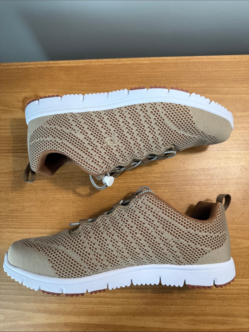 Propet Women's Knit Slip-On Walking Sneakers in Tan and White